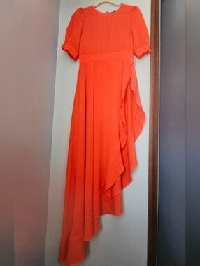 Fashion Nova Orange High-Low Ruffle Midi Dress